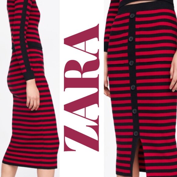 ZARA NAUTICAL STRIPED RIBBED KNIT STRETCHY MIDI PENCIL SKIRT FALL RED BLACK, Med - Picture 3 of 9